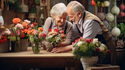 Elderly couple, flower arrangers