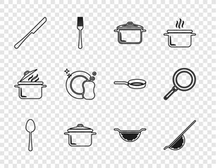 Set line Spoon, Kitchen colander, Cooking pot, Knife, Washing dishes, and Frying pan icon. Vector
