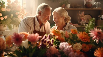 Elderly couple, flower arrangers - obrazy, fototapety, plakaty