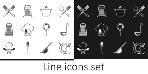 Naklejka premium Set line Washing dishes, Kitchen ladle, Cooking pot, Chef hat with fork and spoon, Grater, Crossed, Frying pan and icon. Vector