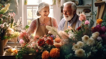 Elderly couple, flower arrangers - obrazy, fototapety, plakaty