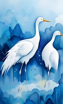 White cranes with blue background. Abstract watercolor paint background grunge texture. Interior Wallpaper. Mural for the walls, fresco for the room, interior grunge, Generative AI