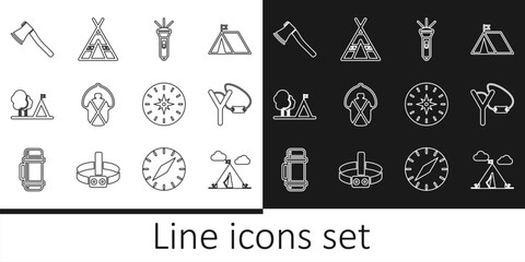 Set line Tourist tent with flag, Slingshot, Flashlight, Canteen water bottle, Wooden axe, Compass and icon. Vector
