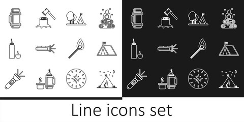 Set line Tourist tent with flag, Flashlight, Thermos container, Burning match fire and Wooden axe stump icon. Vector