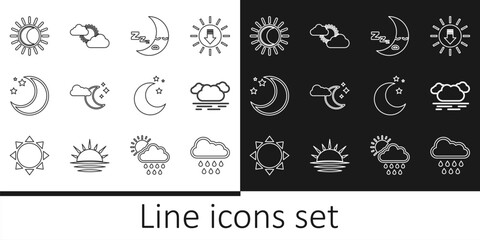 Set line Cloud with rain, Moon icon, moon and stars, Eclipse of the sun, and Sun cloud weather icon. Vector