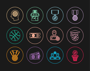 Set line Basketball ball and basket, training, medal, game ticket, Thoughts on basketball, player and Sports shop icon. Vector