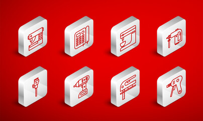 Set line Electric hot glue gun, Telephone, mixer, Rotary hammer drill machine, jigsaw, Sewing, cordless screwdriver and Construction jackhammer icon. Vector