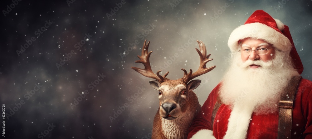 Wall mural Funny Vintage smiling Santa Claus with a little deer studio Portrait on a snowy background. horizontal banner wallpaper emery christmas card, copy space for text