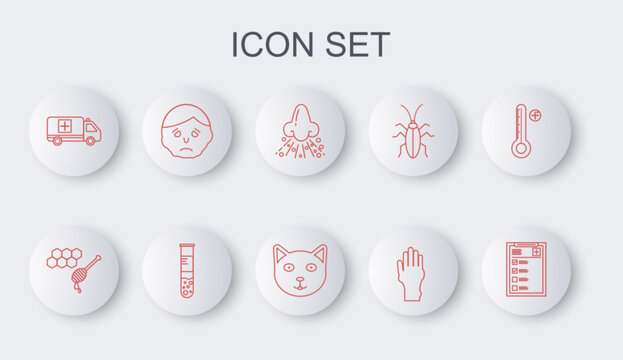 Set line Clinical record, Honeycomb with honey dipper, Runny nose, Hand psoriasis eczema, Emergency car, Inflammation face, Test tube flask and Pet icon. Vector