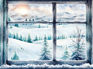 Watercolor winter pine forest viewing from a windowpane background