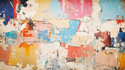 Colorful torn posters on grunge old walls as creative and abstract background. Generative AI.