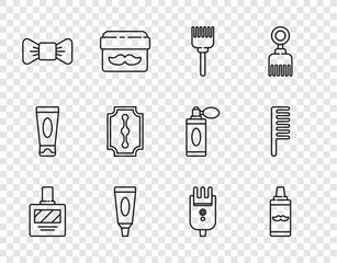 Set line Aftershave, Shaving gel foam, Hairbrush, Cream or lotion cosmetic tube, Bow tie, Blade razor, Electrical hair clipper shaver and icon. Vector
