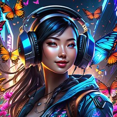 A girl in a megalopolis and butterflies.  The girl is Asian. A girl with headphones listening to music, laughing surrounded by butterflies. The girl is in love, Butterflies in her stomach. Concept- fa