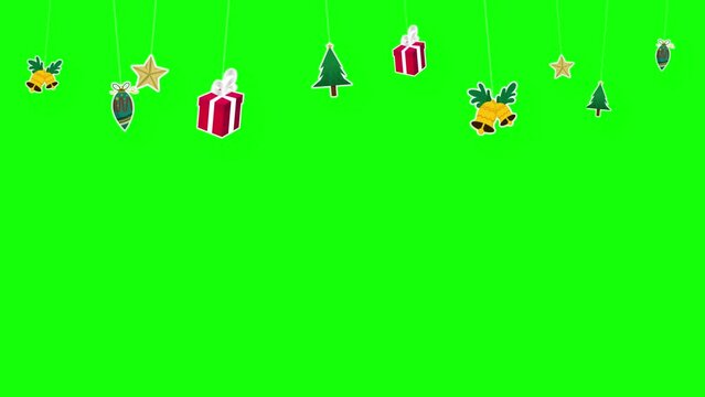decoration of stars, christmas tree, giftbox, christmas bells and lamps with snow particle background, green screen animation