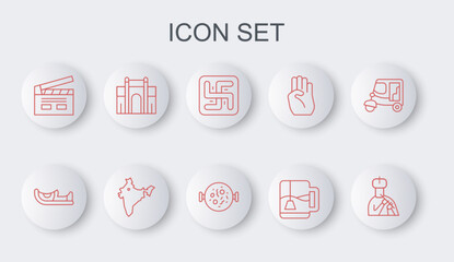 Set line Indian man plays flute, shoes, Hindu swastika, Cup of tea with tea bag, Bollywood indian cinema, Gate Delhi, map and Chicken tikka masala icon. Vector