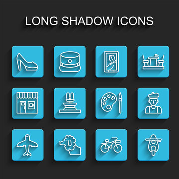 Set line Plane, Poodle dog, Woman shoe, Bicycle, Scooter, Fountain, French and Paint brush with palette icon. Vector