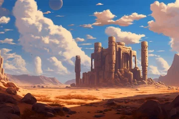 Gardinen A digital painting of a desert with ruins, pillars, and a mountain in the background under a blue sky with a few clouds and gentle lighting. Generative AI © Lumin
