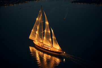 Bird's-eye view of a lavish illuminated sailboat on the sea. Generative AI