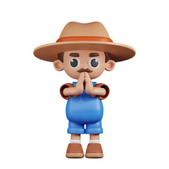3d Character Farmer Apologizing Pose. 3d render isolated on transparent backdrop.