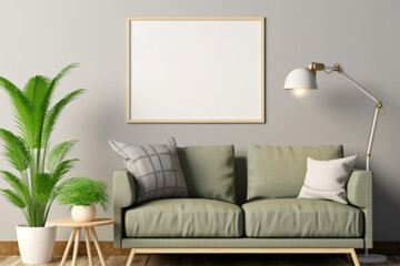 Poster mock up with wooden frame, sofa and green plants, wooden table with table lamp, 3d rendering, 3d illustration
