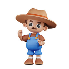 3d Character Farmer Congratulation Pose. 3d render isolated on transparent backdrop.