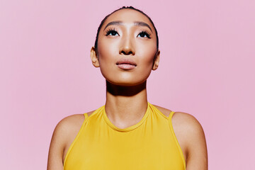 Pink woman trendy fashion yellow casual summer smile beauty portrait swimsuit