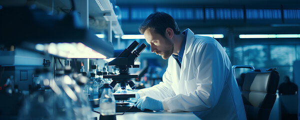 a man researcher in a medical laboratory, working with a microscope