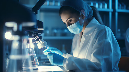 a woman researcher in a medical laboratory, working with a microscope