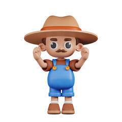 3d Character Farmer Excited Pose. 3d render isolated on transparent backdrop.