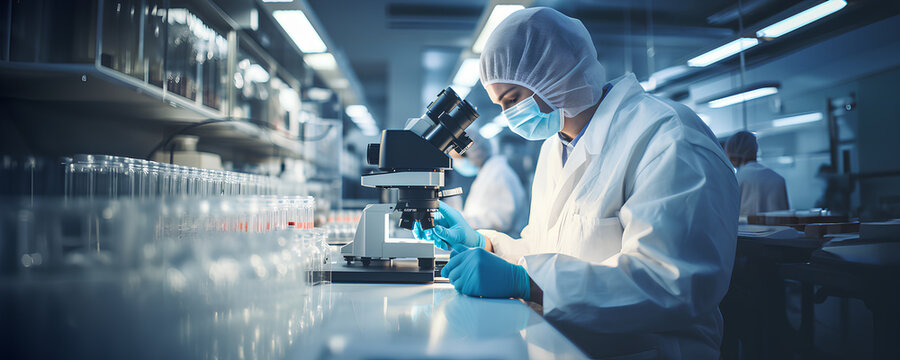 a woman researcher in a medical laboratory, working with a microscope