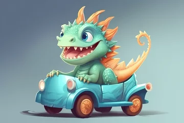 Poster Im Rahmen Cartoon dragon driving a car © Рика Тс