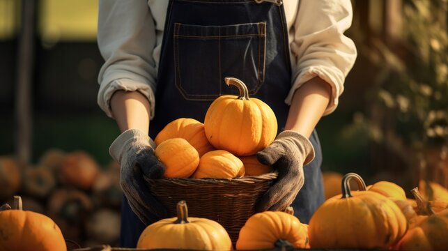 Female farmer wearing gloves with fresh pumpkin in hand