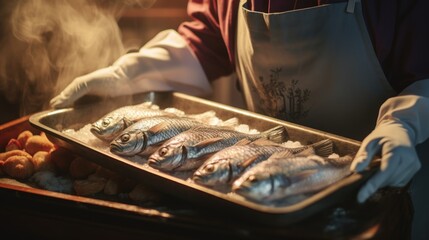 A female cook wears gloves with a tray of salt-baked fish.