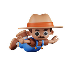 3d Character Farmer Flying Pose. 3d render isolated on transparent backdrop.