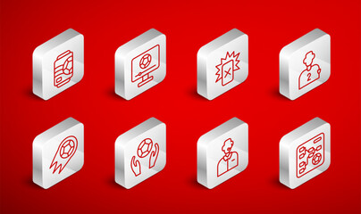 Set line Championship tournament bracket, Football match TV, Red card football, or soccer player, commentator, Beer can, Soccer and icon. Vector