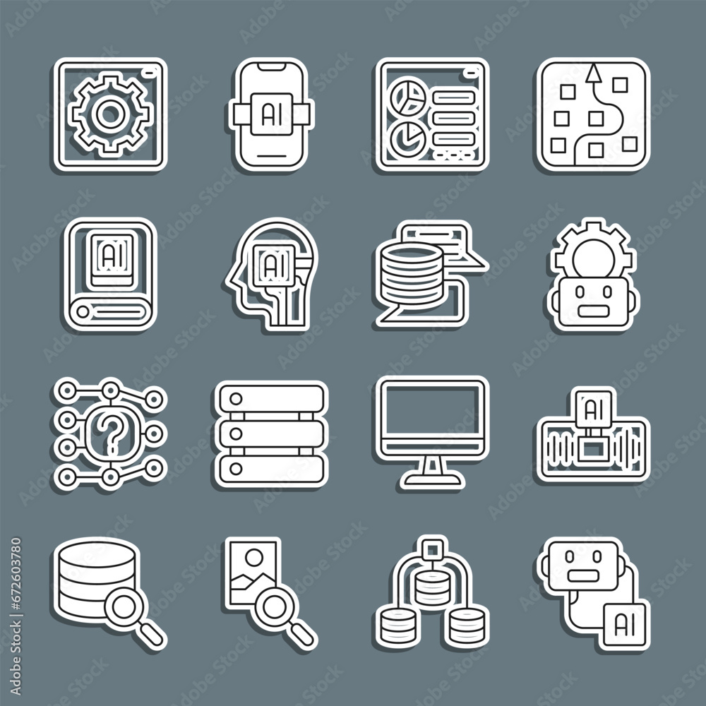 Poster set line artificial intelligence robot, ai, robot setting, computer api interface, humanoid, and ser