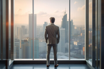 Fototapeta na wymiar rear view,businessman standing near the office window, photo with copy space