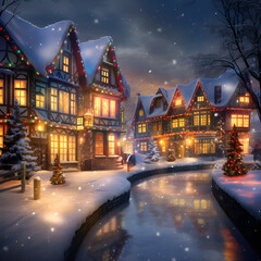 Fototapeta premium Picture of the village at night decorated with lights Christmas, winter in the city