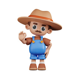 3d Character Farmer Giving Ok Sign Pose. 3d render isolated on transparent backdrop.