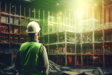 Rear view image of construction engineer in green safety vest and red hardhat controlling construction of new building , soft lightinig - obrazy, fototapety, plakaty