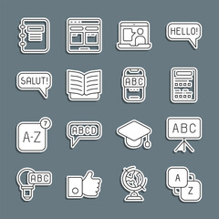 Set line Vocabulary, Chalkboard, Exam sheet, Foreign language online study, Open book, Salut different languages, Notebook and icon. Vector