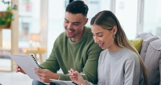Couple, documents and planning on sofa for home mortgage, investment application or planning budget or debt. Woman and man signature on paperwork of asset management, loan agreement or life insurance