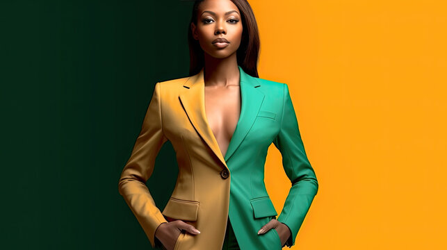 Asian Businesswoman in color studio Background Dressed in jacket made of pieces of fabric of different colors. Patchwork