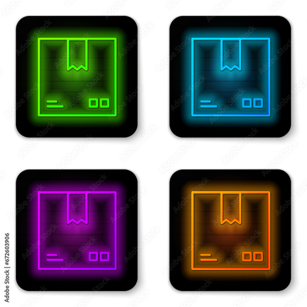 Sticker Glowing neon line Cardboard box with traffic symbol icon isolated on white background. Box, package, parcel. Delivery, transportation and shipping. Black square button. Vector Illustration