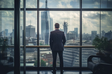 rear view of a Successful executive in early 40s standing with hand on hip and conversing with client while looking through window at London’s financial district - obrazy, fototapety, plakaty