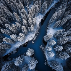 Aerial top view forest covered by snow, pine trees, spruce trees, forest river. Drone photo. Aerial landscape . A bird's eye view. Nature background, forest winter scene, outdoor photography