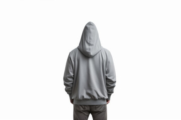 Rear view of hooded male person isolated on white background with copy space mock up