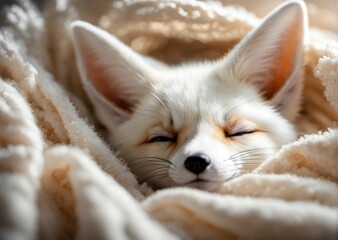 AI generated illustration of a white fox curled up in a snug position, peacefully sleeping
