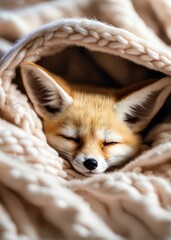 Obraz premium AI generated illustration of a brown fox curled up, peacefully sleeping under a warm blanket