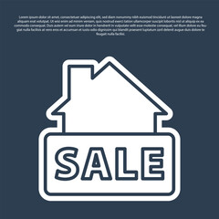 Blue line Hanging sign with text Sale icon isolated on blue background. Signboard with text Sale. Vector